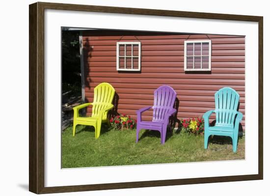 Canada, Peggy's Cove, Nova Scotia, Barn with Colorful Adirondack Chairs with Flowers-Bill Bachmann-Framed Photographic Print