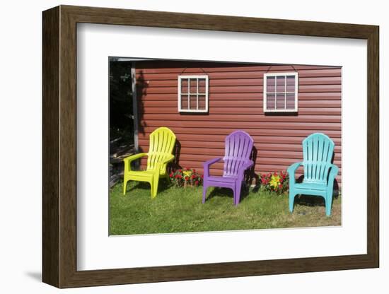 Canada, Peggy's Cove, Nova Scotia, Barn with Colorful Adirondack Chairs with Flowers-Bill Bachmann-Framed Photographic Print