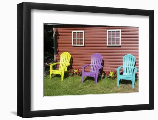 Canada, Peggy's Cove, Nova Scotia, Barn with Colorful Adirondack Chairs with Flowers-Bill Bachmann-Framed Photographic Print