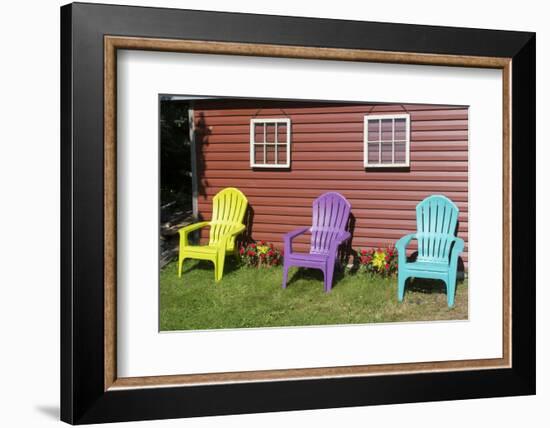 Canada, Peggy's Cove, Nova Scotia, Barn with Colorful Adirondack Chairs with Flowers-Bill Bachmann-Framed Photographic Print