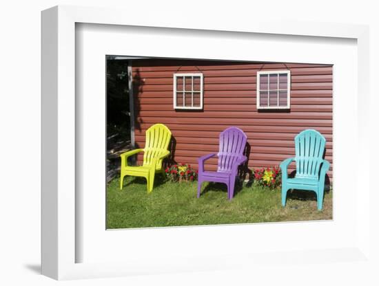 Canada, Peggy's Cove, Nova Scotia, Barn with Colorful Adirondack Chairs with Flowers-Bill Bachmann-Framed Photographic Print