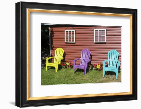 Canada, Peggy's Cove, Nova Scotia, Barn with Colorful Adirondack Chairs with Flowers-Bill Bachmann-Framed Photographic Print