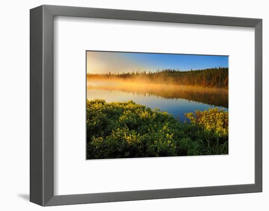 Canada, Quebec, Lac A Thompson. Sunrise mist on lake.-Jaynes Gallery-Framed Photographic Print