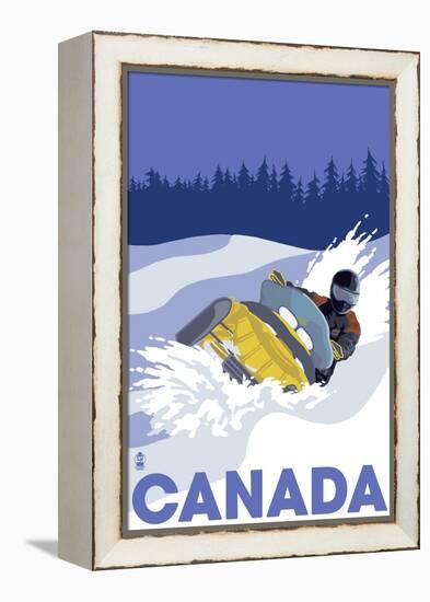 Canada, Snowmobile Scene-Lantern Press-Framed Stretched Canvas