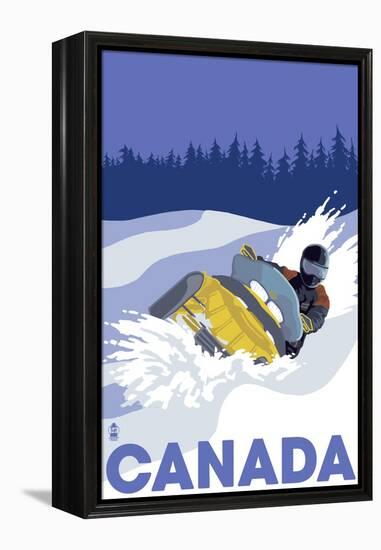 Canada, Snowmobile Scene-Lantern Press-Framed Stretched Canvas