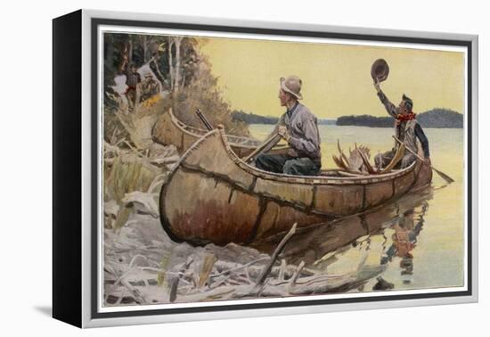 Canadian Canoe at a Riverbank Camp-null-Framed Stretched Canvas