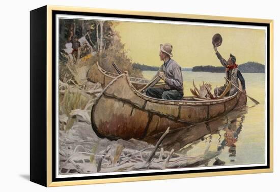 Canadian Canoe at a Riverbank Camp-null-Framed Stretched Canvas
