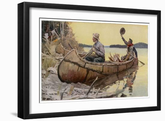 Canadian Canoe at a Riverbank Camp-null-Framed Art Print