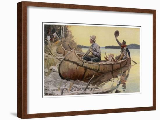 Canadian Canoe at a Riverbank Camp-null-Framed Art Print