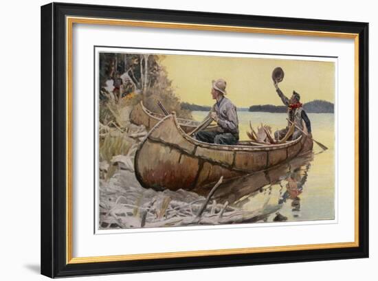 Canadian Canoe at a Riverbank Camp-null-Framed Art Print