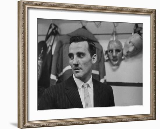 Canadian Goalie Jacques Plante Displays Latest Face Stitches Received in Cause of Rough Hockey Game-George Silk-Framed Premium Photographic Print