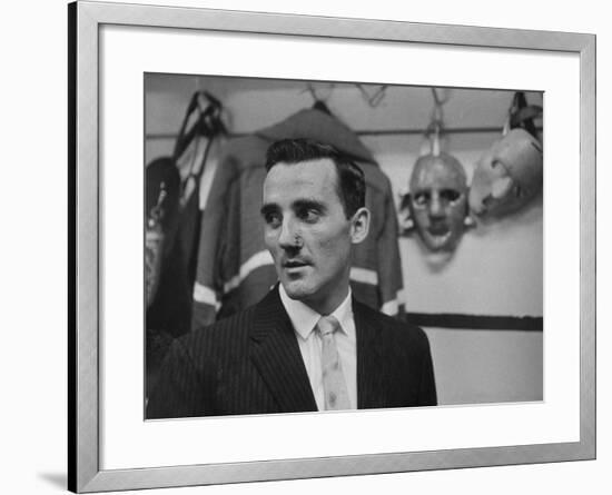 Canadian Goalie Jacques Plante Displays Latest Face Stitches Received in Cause of Rough Hockey Game-George Silk-Framed Premium Photographic Print