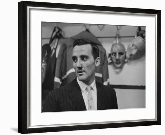Canadian Goalie Jacques Plante Displays Latest Face Stitches Received in Cause of Rough Hockey Game-George Silk-Framed Premium Photographic Print