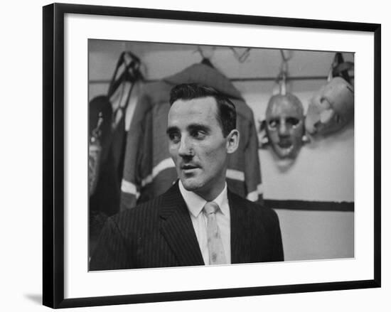 Canadian Goalie Jacques Plante Displays Latest Face Stitches Received in Cause of Rough Hockey Game-George Silk-Framed Premium Photographic Print