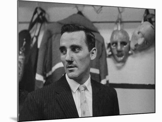 Canadian Goalie Jacques Plante Displays Latest Face Stitches Received in Cause of Rough Hockey Game-George Silk-Mounted Premium Photographic Print