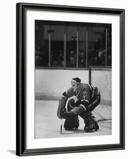 Canadian Jacques Plante Wearing Mask to Protect Face from Injuries During Ice Hockey Game-George Silk-Framed Premium Photographic Print