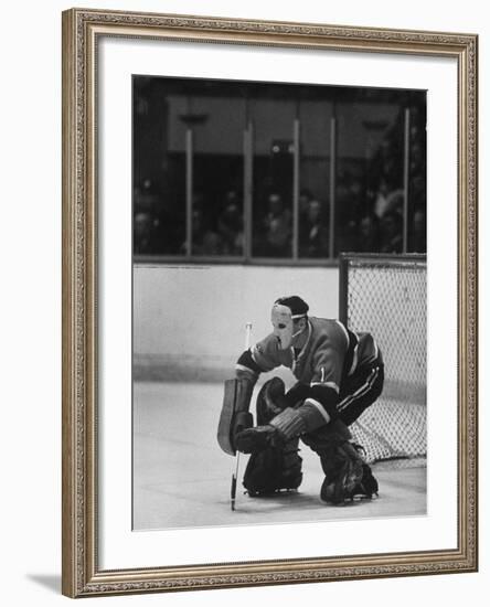 Canadian Jacques Plante Wearing Mask to Protect Face from Injuries During Ice Hockey Game-George Silk-Framed Premium Photographic Print