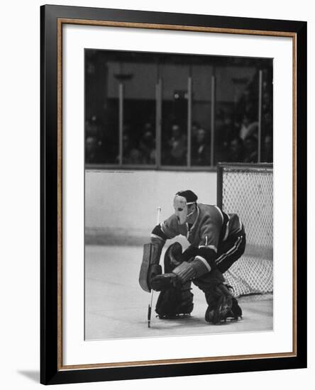 Canadian Jacques Plante Wearing Mask to Protect Face from Injuries During Ice Hockey Game-George Silk-Framed Premium Photographic Print