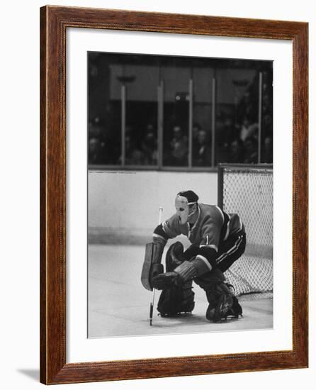 Canadian Jacques Plante Wearing Mask to Protect Face from Injuries During Ice Hockey Game-George Silk-Framed Premium Photographic Print