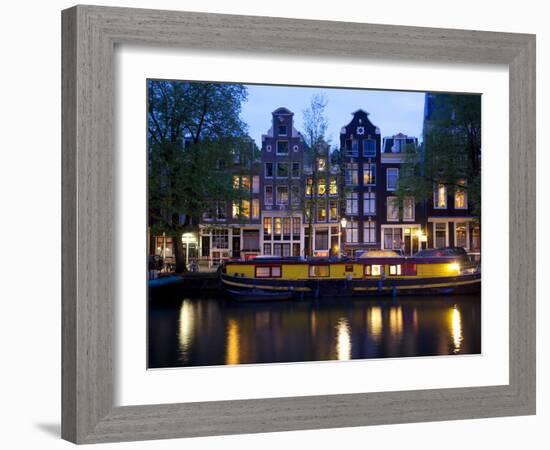 Canal Boat and Architecture, Amsterdam, Holland, Europe-Frank Fell-Framed Photographic Print