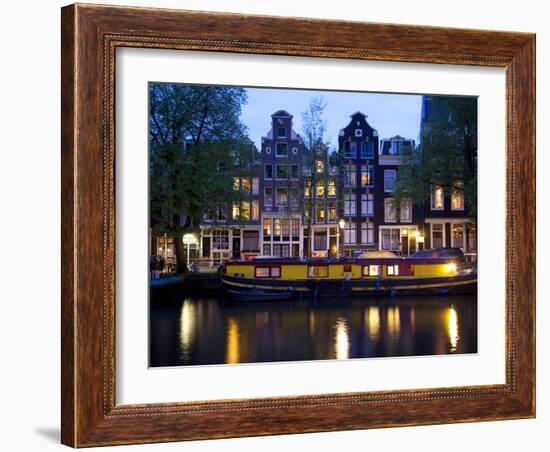 Canal Boat and Architecture, Amsterdam, Holland, Europe-Frank Fell-Framed Photographic Print