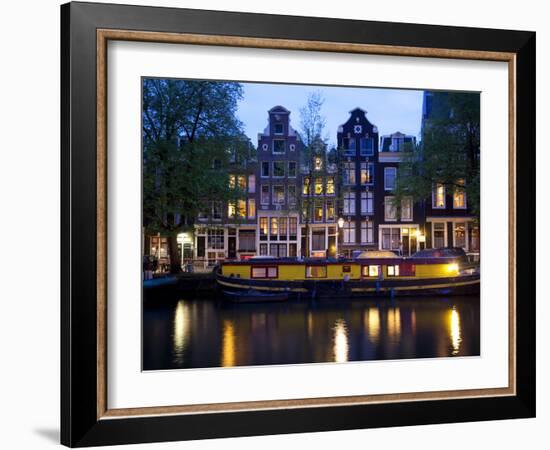 Canal Boat and Architecture, Amsterdam, Holland, Europe-Frank Fell-Framed Photographic Print