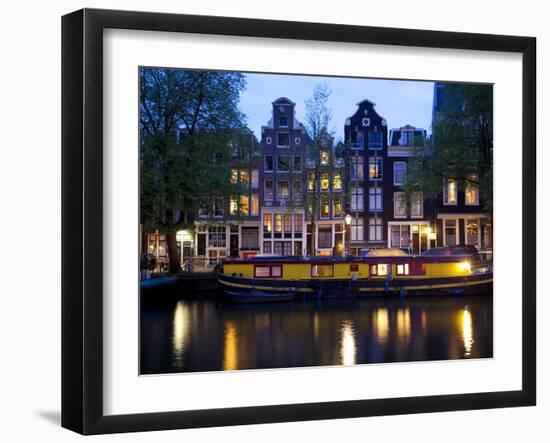 Canal Boat and Architecture, Amsterdam, Holland, Europe-Frank Fell-Framed Photographic Print