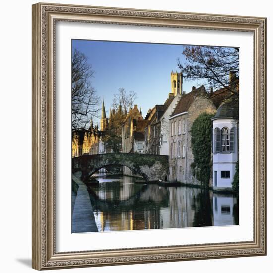 Canal View with Belfry in Winter, Bruges, West Vlaanderen (Flanders), Belgium, Europe-Stuart Black-Framed Photographic Print