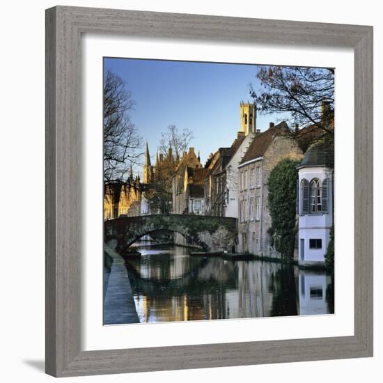 Canal View with Belfry in Winter, Bruges, West Vlaanderen (Flanders), Belgium, Europe-Stuart Black-Framed Photographic Print