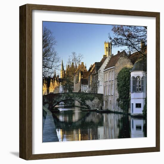 Canal View with Belfry in Winter, Bruges, West Vlaanderen (Flanders), Belgium, Europe-Stuart Black-Framed Photographic Print