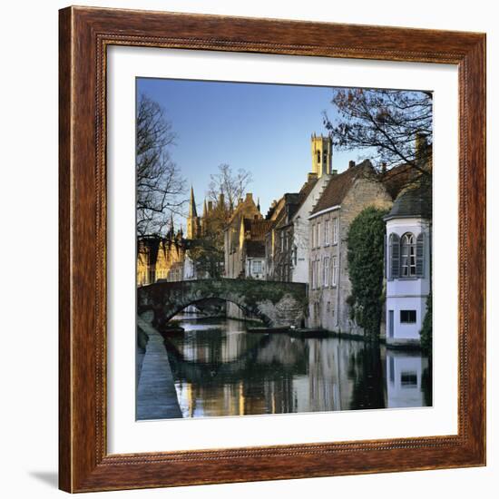 Canal View with Belfry in Winter, Bruges, West Vlaanderen (Flanders), Belgium, Europe-Stuart Black-Framed Photographic Print