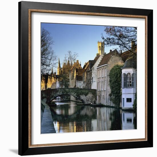 Canal View with Belfry in Winter, Bruges, West Vlaanderen (Flanders), Belgium, Europe-Stuart Black-Framed Photographic Print