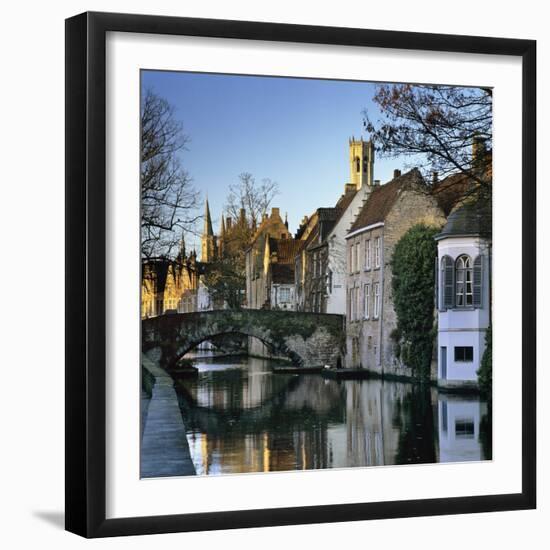 Canal View with Belfry in Winter, Bruges, West Vlaanderen (Flanders), Belgium, Europe-Stuart Black-Framed Photographic Print