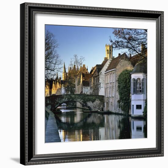 Canal View with Belfry in Winter, Bruges, West Vlaanderen (Flanders), Belgium, Europe-Stuart Black-Framed Photographic Print