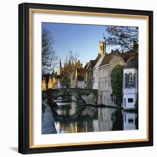 Canal View with Belfry in Winter, Bruges, West Vlaanderen (Flanders), Belgium, Europe-Stuart Black-Framed Photographic Print