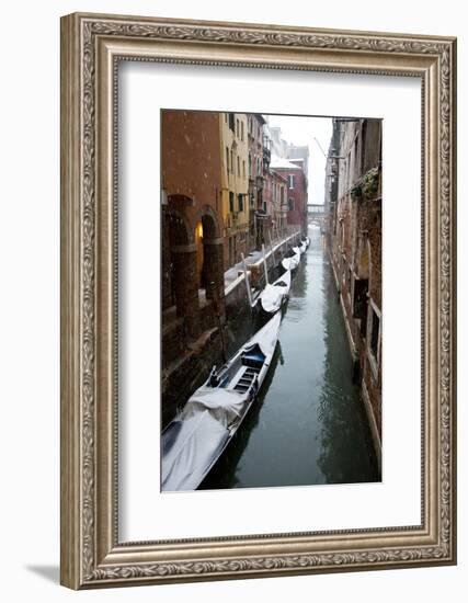 Canal with Snow on Gondolas with Bridge Sigh, Venice, Italy-Darrell Gulin-Framed Photographic Print