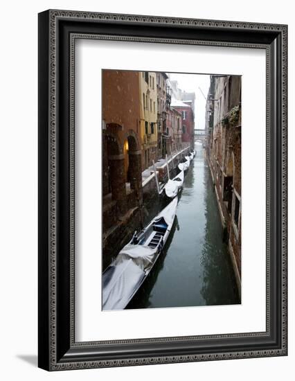 Canal with Snow on Gondolas with Bridge Sigh, Venice, Italy-Darrell Gulin-Framed Photographic Print
