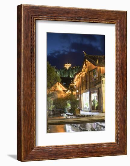 Canalside buildings at dusk, Lijiang, UNESCO World Heritage Site, Yunnan, China, Asia-Ian Trower-Framed Photographic Print