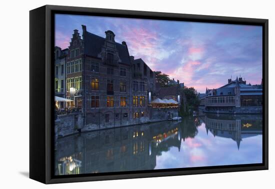 Canalside cafes on Leie Canal at sunset, Ghent, Flanders, Belgium, Europe-Ian Trower-Framed Premier Image Canvas