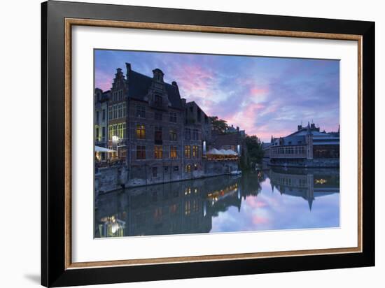 Canalside cafes on Leie Canal at sunset, Ghent, Flanders, Belgium, Europe-Ian Trower-Framed Photographic Print