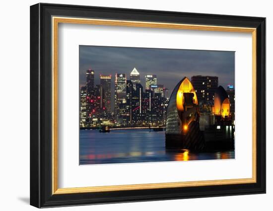 Canary Wharf, Docklands, and Thames Barrier at dusk, London-Charles Bowman-Framed Photographic Print