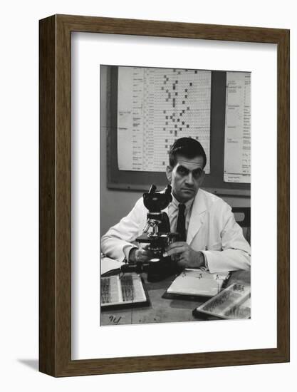 Cancer Specialist Dr. Ernest L. Wynder at Microscope in His Office, 1957-Alfred Eisenstaedt-Framed Photographic Print