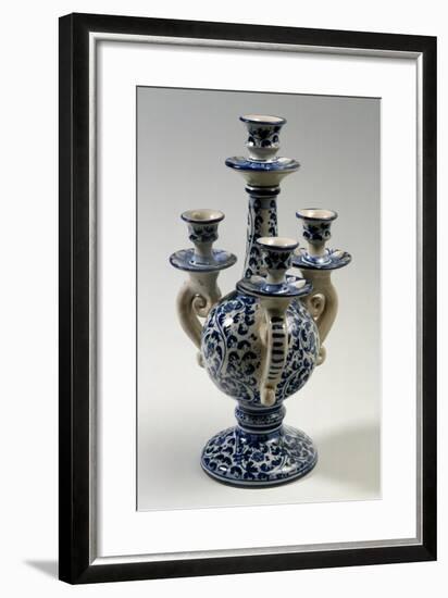 Candelabra with Four Holders with 17th-Century Style Blue Caltagirone Decoration-null-Framed Giclee Print