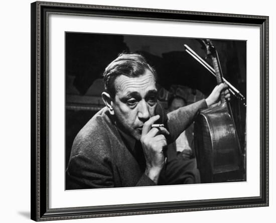 Candid of Cellist Gregor Piatigorsky in RCA Victor Studio Recording a Piece by Brahms-W^ Eugene Smith-Framed Premium Photographic Print