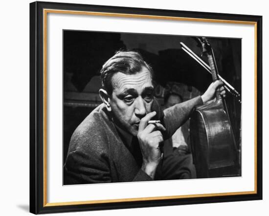 Candid of Cellist Gregor Piatigorsky in RCA Victor Studio Recording a Piece by Brahms-W^ Eugene Smith-Framed Premium Photographic Print