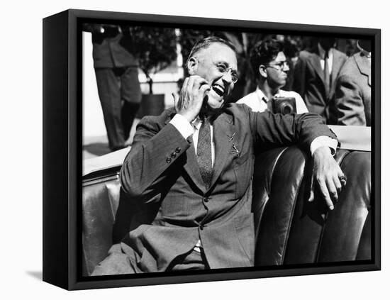 Candid Portrait of President Franklin Roosevelt Speaking to Informally to Greeters at Hyde Park, NY-null-Framed Stretched Canvas