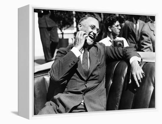 Candid Portrait of President Franklin Roosevelt Speaking to Informally to Greeters at Hyde Park, NY-null-Framed Stretched Canvas