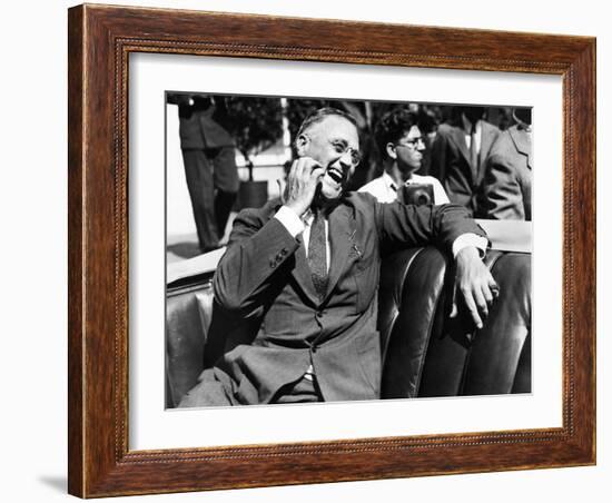 Candid Portrait of President Franklin Roosevelt Speaking to Informally to Greeters at Hyde Park, NY-null-Framed Photo