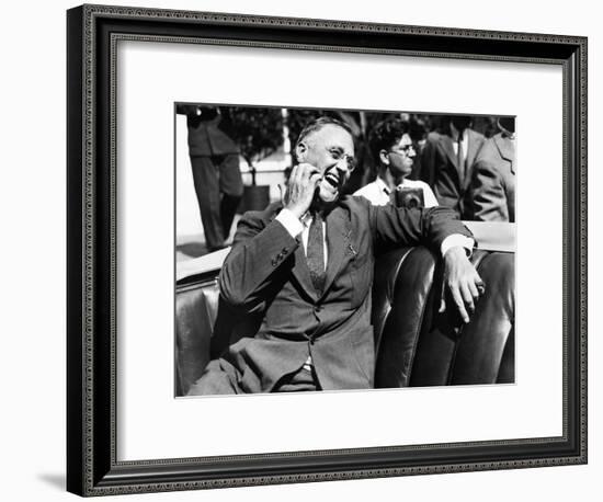 Candid Portrait of President Franklin Roosevelt Speaking to Informally to Greeters at Hyde Park, NY-null-Framed Photo