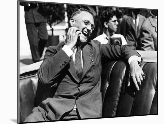 Candid Portrait of President Franklin Roosevelt Speaking to Informally to Greeters at Hyde Park, NY-null-Mounted Photo